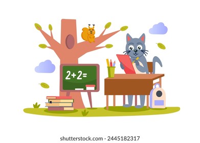 Homework concept with character scene in flat cartoon design. A cat teacher checks the homework of her students. Vector illustration.