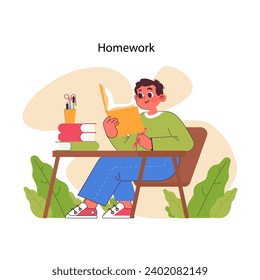 Homework concept. Focused boy immersed in reading, surrounded by piled books and stationery. Study session at home after school. Learning and mastering skills and knowledge. Flat vector illustration.