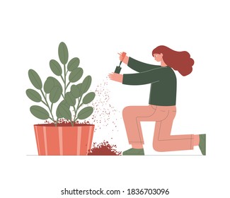 Homework concept. Modern flat illustration of a woman planting flowers. Home Gardening concept