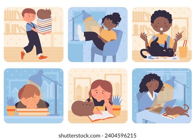 Homework concept with people situation set in flat web design. Bundle scenes with multiethnic diverse characters of kids reading or writing near naughty cat distraction at home. Vector illustrations.