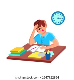 Hogar Que Hace Un Vector De Educación Escolar Confundido. Niño Frustrado Hace Hogar Escolar. Caracteres Aburridos Y Cansados Aprendiendo A Estudiar Trabajo Escolar Con Problema Ilustración De Dibujo Plano