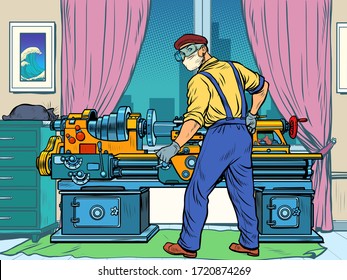 Homework during the epidemic concept. The Turner works at the machine. Pop art retro vector illustration kitsch vintage 50s 60s style