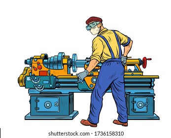 Homework during the epidemic concept. The Turner works at the machine. Pop art retro vector illustration kitsch vintage 50s 60s style