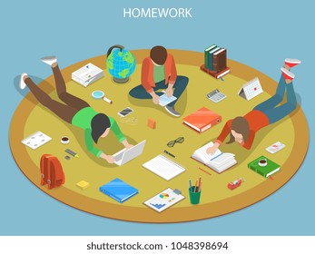 Homework flat isometric vector concept. Students are doing their homework together.