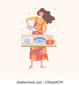 Homework. A girl washes dishes. Vector illustration.