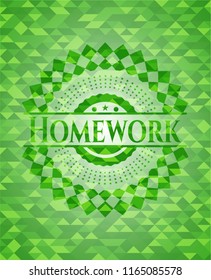 Homework green emblem with triangle mosaic background