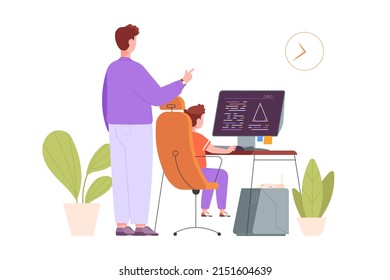 Homework Help On Pc. Father Teaching Teen Student Computer Elearning, Helpful Parent Learn Child Sitting Schooler Boy Study Online School Courses, Vector Illustration. Parent Teaching And Helping