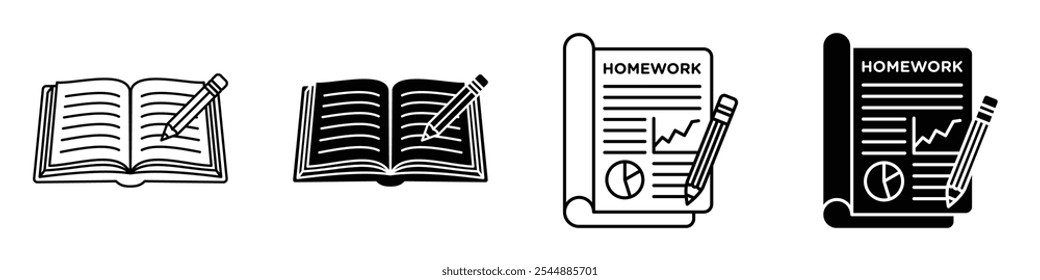 Homework icon collection in black and white filled and solid vector style.