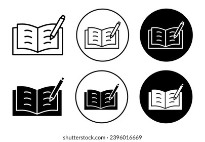 Homework icon. education study material or notebook with pen or pencil symbol set. learning or teaching school worksheet note to write exam vector line logo