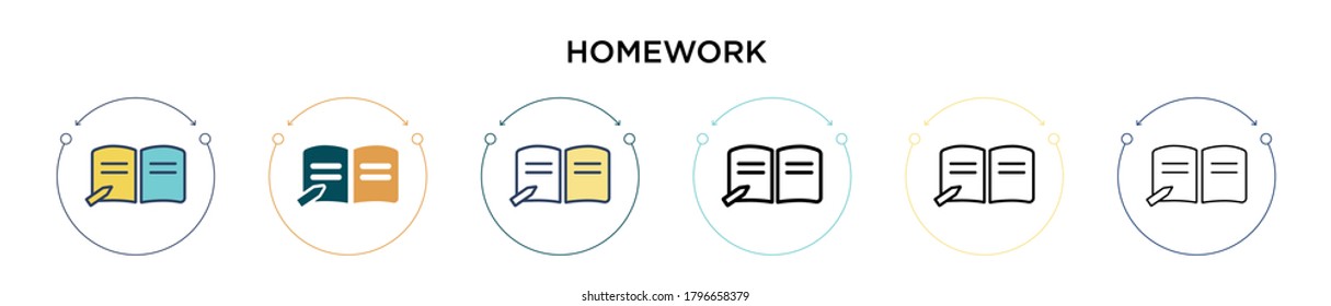 Homework icon in filled, thin line, outline and stroke style. Vector illustration of two colored and black homework vector icons designs can be used for mobile, ui, web