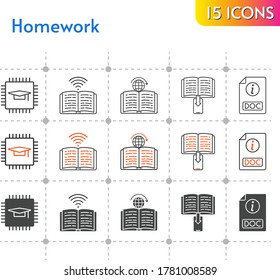 homework icon set. included chip, ebook, book, doc, learning icons on white background. linear, bicolor, filled styles.