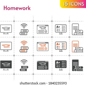 homework icon set. included test, online-learning, book, student-desktop, login icons on white background. linear, bicolor, filled styles.