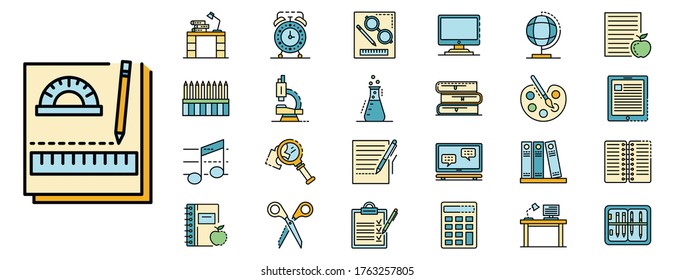 Homework icon set. Outline set of homework vector icons thin line color flat isolated on white