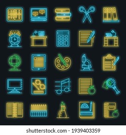 Homework icon set. Outline set of homework vector icons neon color on black