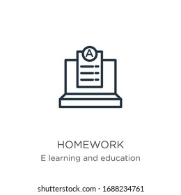 Homework icon. Thin linear homework outline icon isolated on white background from e learning and education collection. Line vector sign, symbol for web and mobile