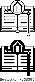 Iconos de tarea. Ilustraciones vectoriales blancas y negras. Cuaderno con marcador, lápiz y casa. Trabajo Independiente hecho en casa. Concepto de Maestro y Educación