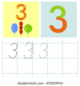 Homework for kids how write number Three. Count to ten. Preschool education.