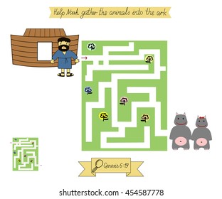 Homework For Kids. Maze To Help Noah Gather Animals Into The Ark. Genesis - Flood. Sunday School.