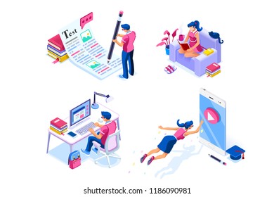 Homework, knowledge or examination writing infographic. Conference at phone, self mobile teaching for digital exam. Concept with character set. Flat isometric icons, Vector illustration.