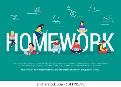 Homework and learning concept vector illustration of sudents using laptop and smartphone mobile app for distance studying and education. Flat design of guys and young women sitting near big letters