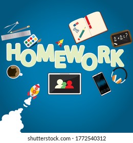 Homework and learning concept vector illustration of sudents using laptop and smartphone mobile app for distance studying and education. 
