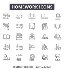 Homework line icons, signs set, vector. Homework outline concept, illustration: homework,school,education,study,student,learning,university,book