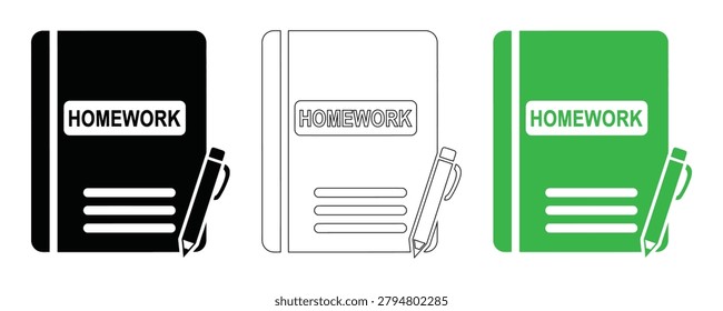 Homework Notebook Icons Set, Vector Illustration of School Exercise Book and Pen Symbols for Education, Learning and Study Design Template