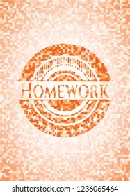 Homework orange tile background illustration. Square geometric mosaic seamless pattern with emblem inside.
