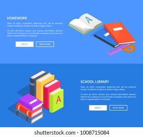 Homework school library vector web posters with open book, textbooks with place for text. Copybooks on grammar for elementary education lessons
