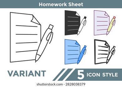 Homework Sheet icon for student assignments, schoolwork, education, classroom learning, and academic activities. Line, Filled, Color style.