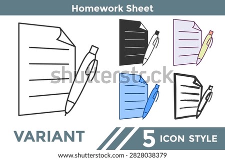 Homework Sheet icon for student assignments, schoolwork, education, classroom learning, and academic activities. Line, Filled, Color style.