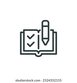 Homework, to-do list, journal note write, school education outline icon. Line sign open book and pencil. Vector isolated pictograms for web and app on white background editable stroke.