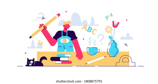 Homework vector illustration. Flat tiny school tasks study persons concept. Pupil learning or writing elementary mathematics sheets. Smart knowledge and brain development scene with stationery items.