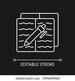 Homework white linear icon for dark theme. Textbook with text and pen for writing. Thin line customizable illustration. Isolated vector contour symbol for night mode. Editable stroke