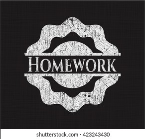 Homework written on a chalkboard