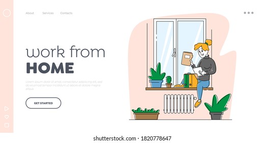 Homeworking Place, Working Activity Landing Page Template. Freelancer Woman Character Sitting on Windowsill Work with Papers Docs at Home. Freelance Employee Occupation. Linear Vector Illustration