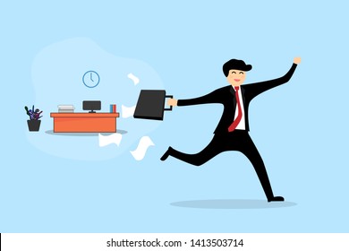 Homing and out of office Concept. Businessman ruining out worktable. Vector flat design.