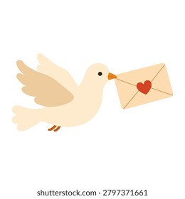 Homing pigeon flying to the right while carrying a cream colored paper envelope in its beak. The letter is sealed with a small red heart icon in the center. White dove bird graphic isolated on a plain white background, symbolizing love, peace, and romance.