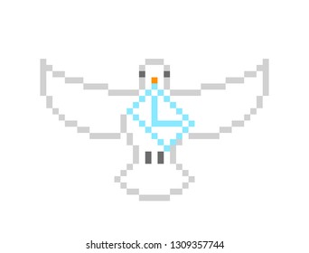 Homing release dove flying with spread wings carrying letter in its beak, 8 bit pixel art character isolated on white background. Symbol of love, peace, purity and freedom. White post pigeon logo.