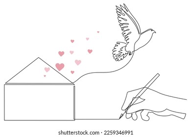Homing-pigeon carries handwritten love letter, one line art continuous contour. Hand drawn dove with romantic message,bird correspondence delivery concept.Editable stroke.Isolated.Vector illustration