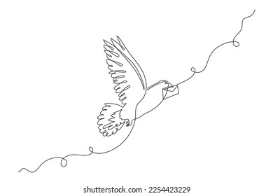 Homing-pigeon carries letter, one line art continuous contour. Hand drawn dove with message, doodle bird correspondence concept.Editable stroke.Isolated.Vector illustration