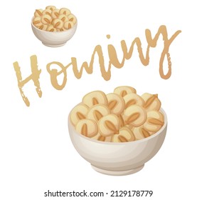 Hominy en un ícono de vector intestinal. Cuernos de maíz secos en una ilustración de caricatura de placa de sopa aislados en fondo blanco