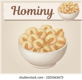 Hominy in a bowl vector icon. Dried corn kernels in a soup plate cartoon illustration