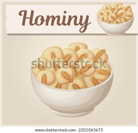 Hominy in a bowl vector icon. Dried corn kernels in a soup plate cartoon illustration
