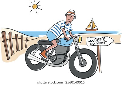 Homme sur une moto au bord d'une plage