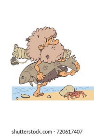 Homo habilis. Primitive man after a successful fishing.