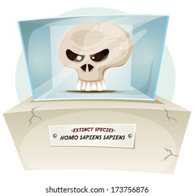 Homo Sapiens Extinct Species/ Illustration of a cartoon human skull inside museum exhibition, symbolizing extinction of human species