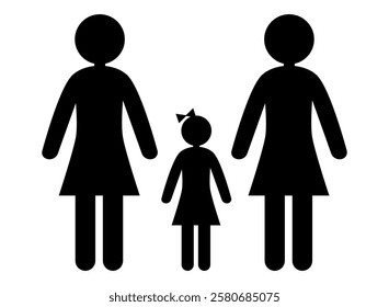 Homoparental couple of two lesbian women having a daughter, black and white silhouette