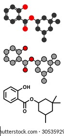 Homosalate sunscreen molecule (UV filter). Stylized 2D renderings and conventional skeletal formula.