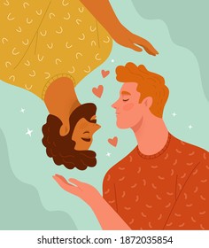 Homosexual couple concept. Vector illustration of two men in yellow and red t-shirts facing each other. Isolated on light blue background